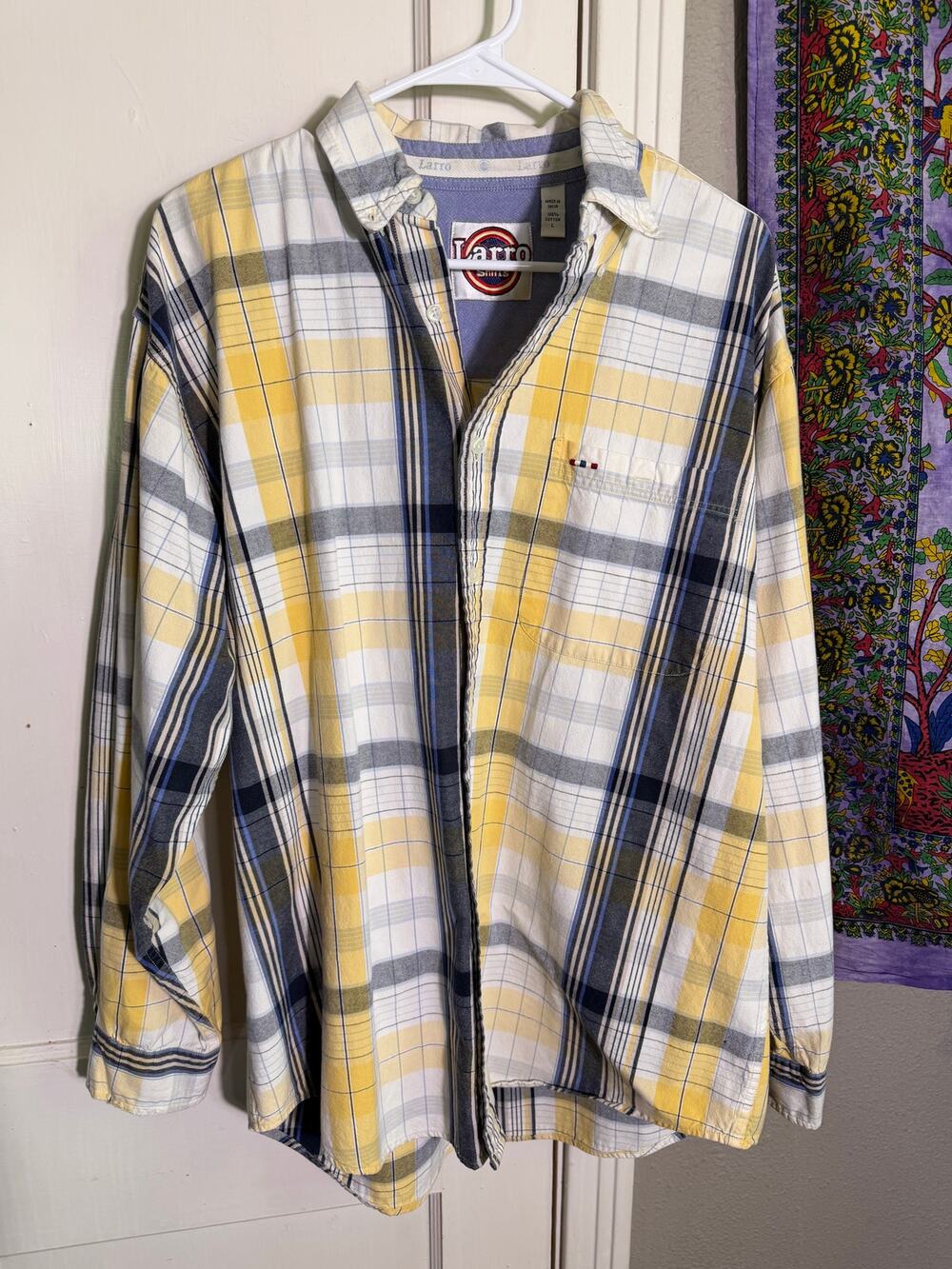 Larro Shirts Yellow Navy Plaid Button Down Shirt 100% Cotton - Large